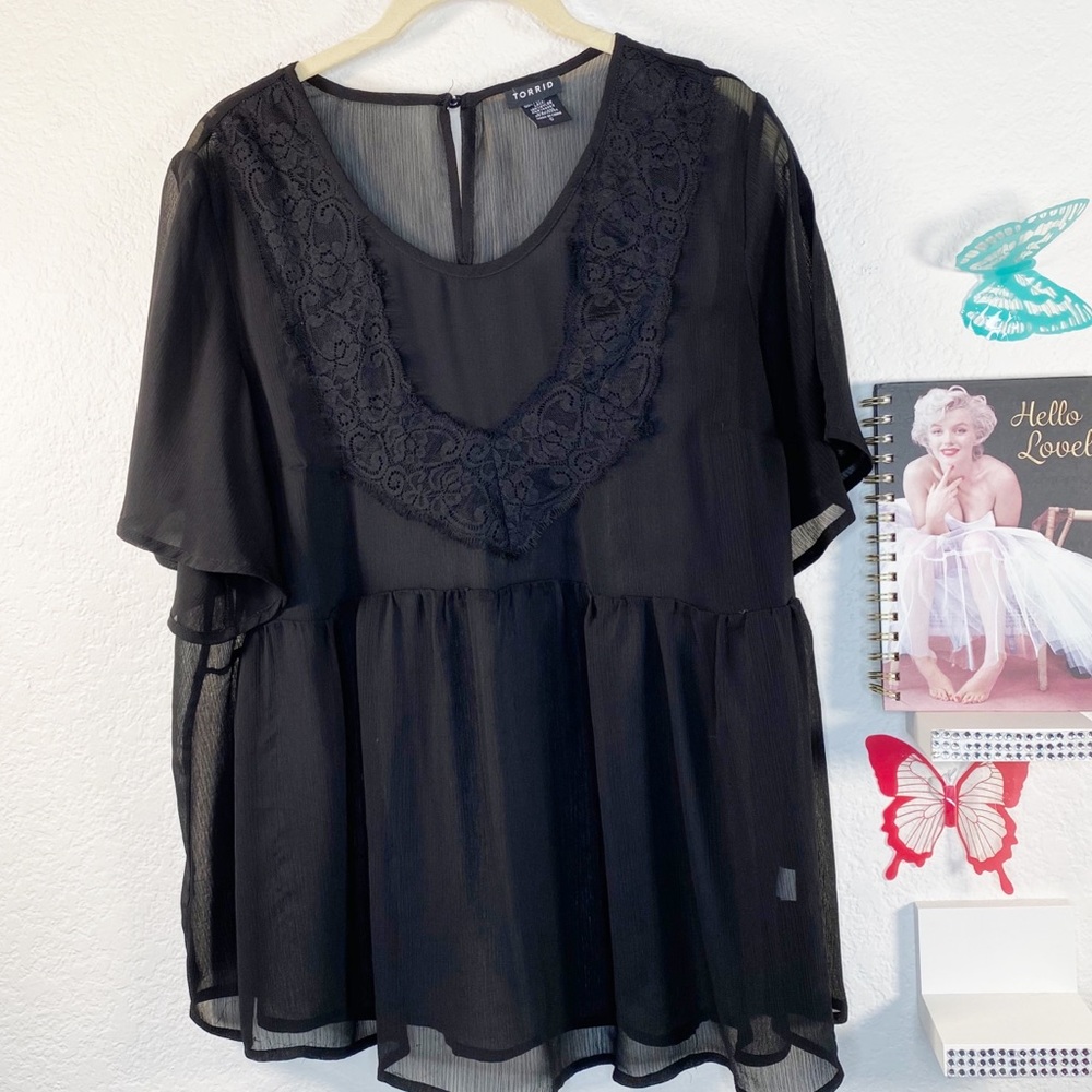 torrid  sheer blouse lace at the neckline in front